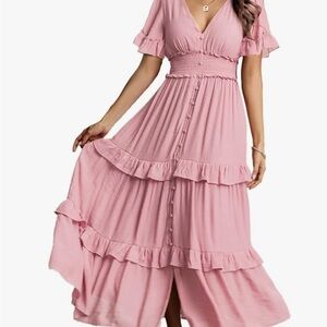 Ruffled Pink Maxi Dress – V-Neck, Elbow-Length Sleeves, Smocked Waist – Size XL